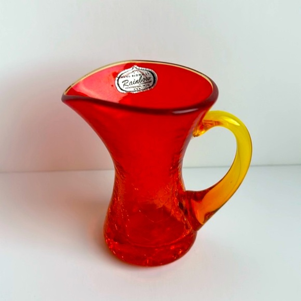 VTG Rainbow Art Glass Hand Blown Mini Crackle Glass Pitcher Orange & Yellow 3”H